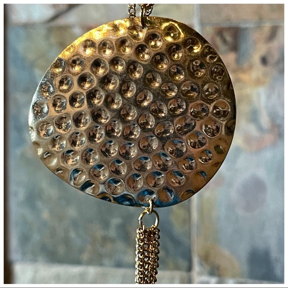 🎁 Long Hammered Metal Disc Necklace - Picture 4 of 9